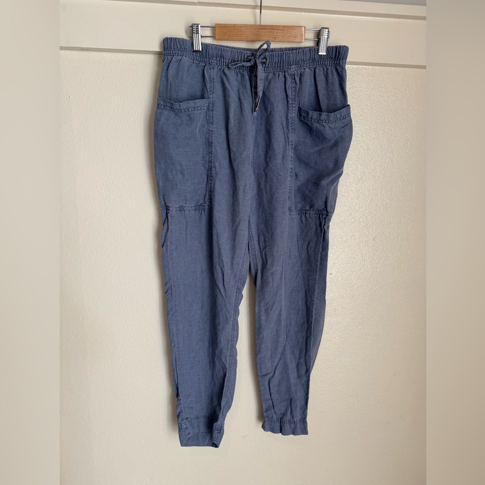 Splendid Collection Blue Linen Straight Leg Pants Small Elastic Waist Drawstring - Picture 2 of 10